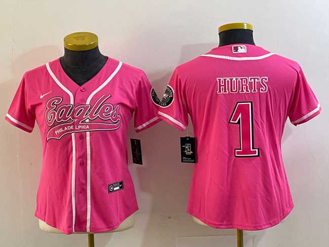 Womens Philadelphia Eagles #1 Jalen Hurts Pink Cool Base Stitched Baseball Jersey(Run Small)->women nfl jersey->Women Jersey